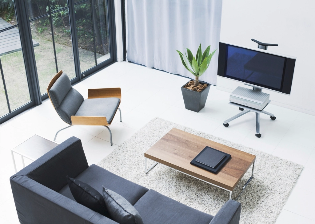 Modern living room with wall-mounted 4K TV