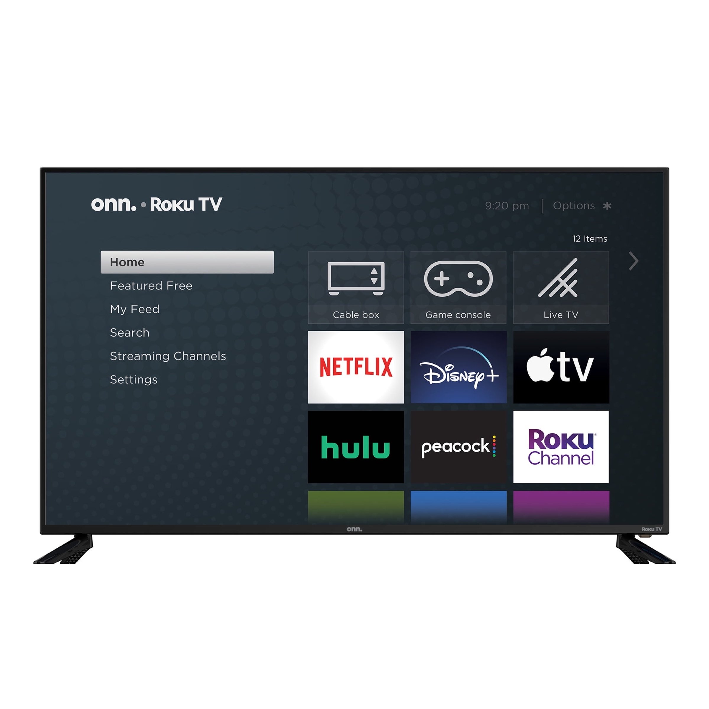 onn. Roku TV displaying its home screen with streaming app tiles