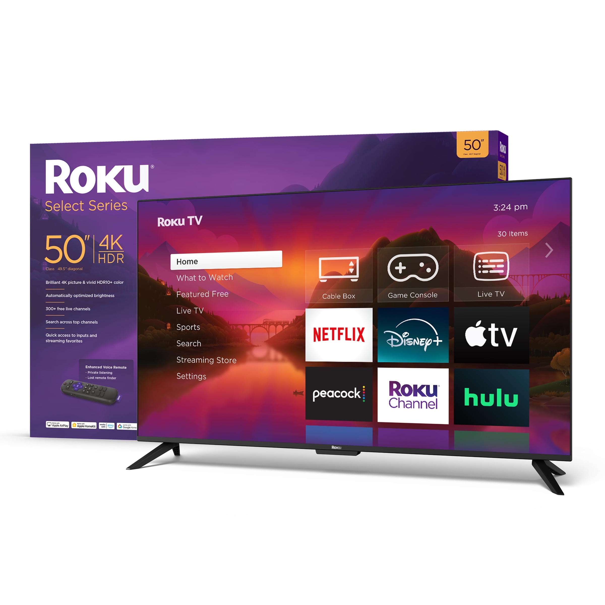 Roku Select Series 50-inch 4K HDR TV shown with its retail box and home screen
